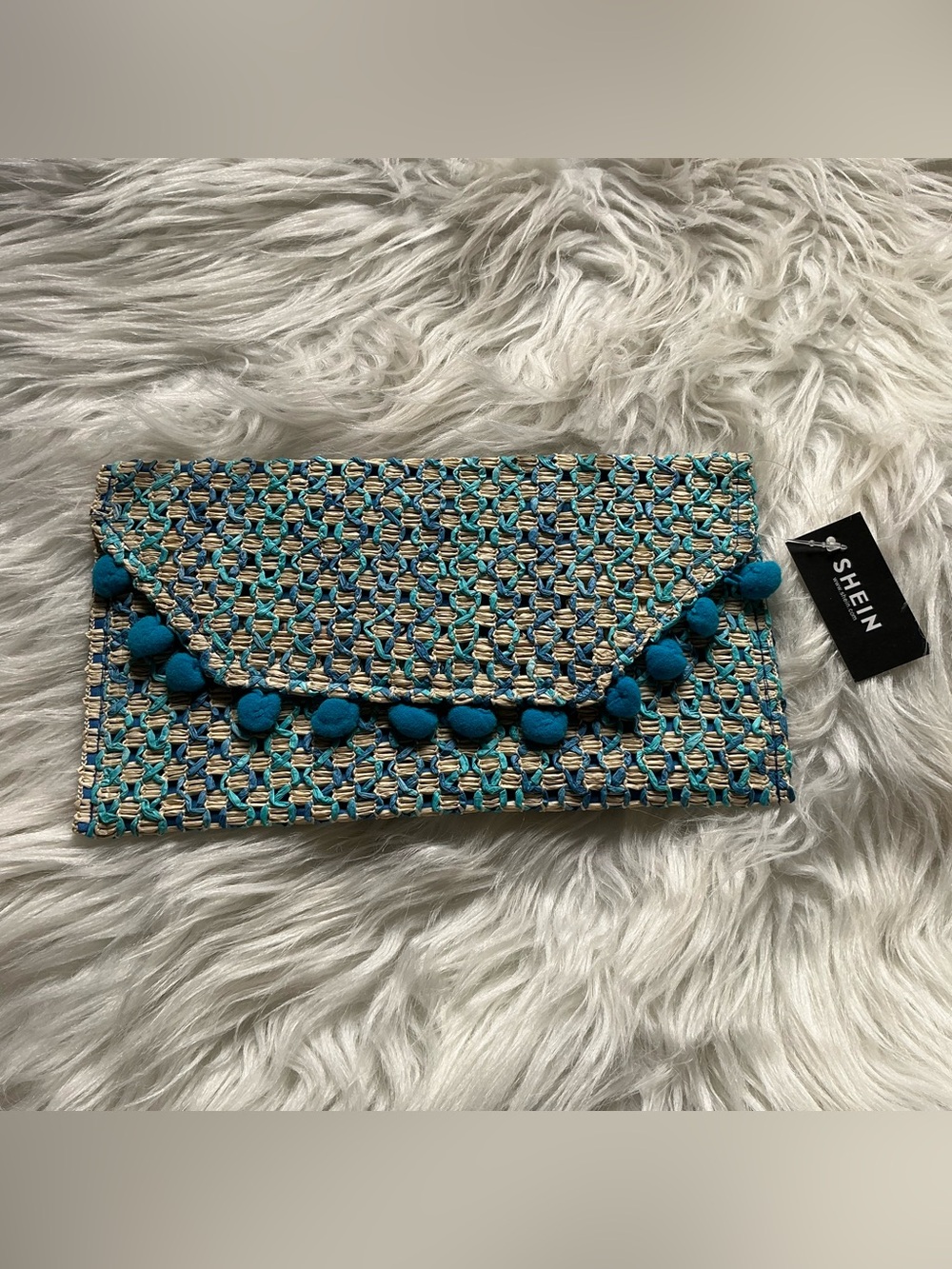 NWT SHEIN Blue Colorful Woven Clutch Handbag with Small Pom Pom Tassels
